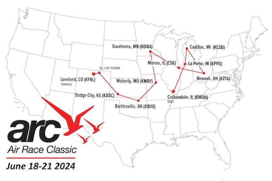 2024 Air Race Classic map of checkpoints