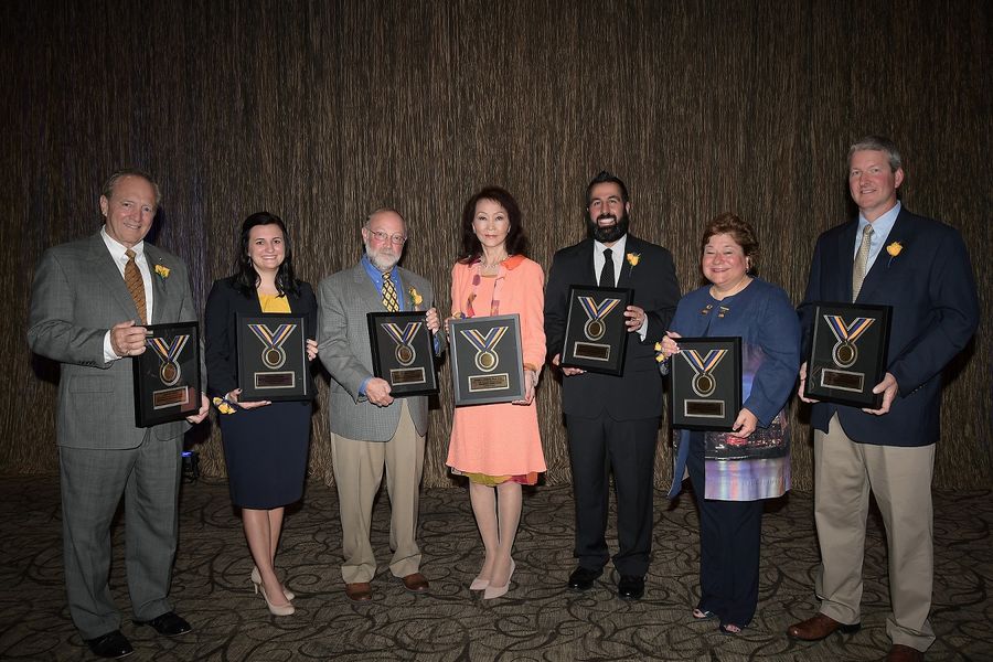 Recipients of Kent State University’s 2017 Alumni Awards are (left to right) Gary O’Hara, Marisa Stephens, Richard Benz, Dr. Jennie S. Hwang, Dr. Anthony Limperos, Elizabeth Bartz and Paul Beatty.