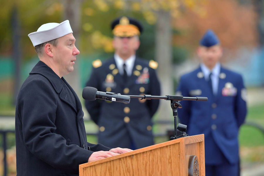 Retired Petty Officer 1st Class Mark Gainer, a Kent State University student who currently serves as president of the Kent State Veterans Club, addresses those attending the university’s 2016 Veterans Day observance. 