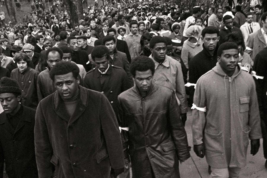 A student walkout in 1968 contributed to the launch of Black United Students (BUS), which is commemorating 50 years at Kent State. (Photo from the collection of E. Timothy Moore)