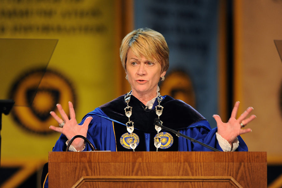 Kent State President Beverly Warren makes a point during her inaugural address to faculty, staff, students, alumni and distinguished guests in the Memorial Athletic and Convocation Center.