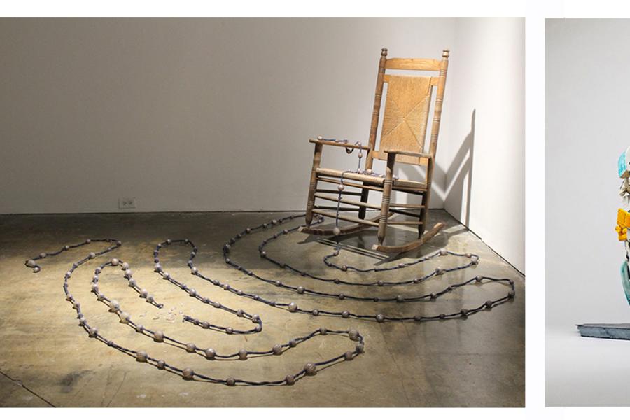 Artwork by Katie Burkett and Gabriel Poucher. A wooden rocking chair on the left with an enlarged strand of glass beads placed in a squiggle around it. A sculpture made of porcelain pieces in teal and yellow.