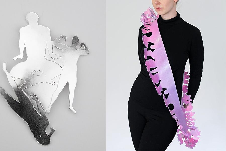 The Society of North American Goldsmiths (SNAG) logo and two images of artwork - a silver brooch with three male silhouettes by Andrew Kuebeck and a pink and purple flower sash on a model by Rachel Smith.