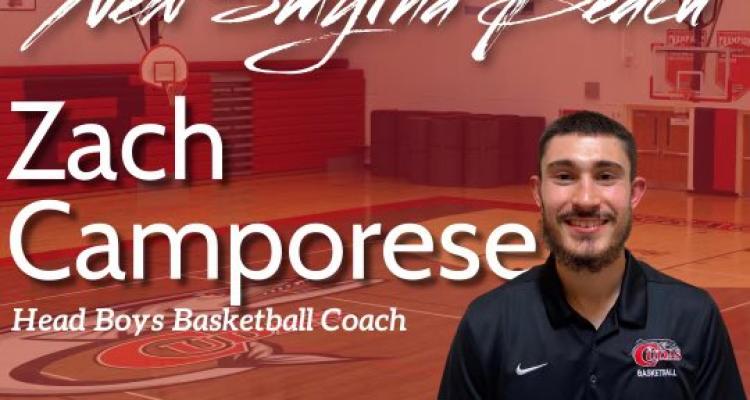 picture of Zac Camporese, Kent State Tusc alum and new head boys basketball coach at New Smyrna Beach High School with the gym in the background