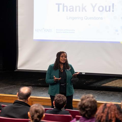 Amoaba Gooden, Ph.D., vice president for Diversity, Equity and Inclusion, speaks to attendees at Kent State's inaugural Anti-Racism Conference.