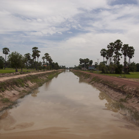 An irrigation canal runs through a Cambodian rice field