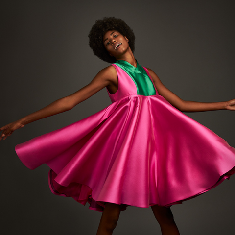 A model wears a design by a School of Fashion student in a New York photoshoot.