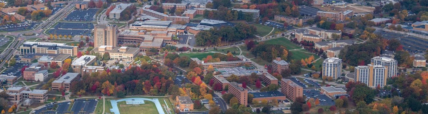 Aerial view of entire campus with fall color