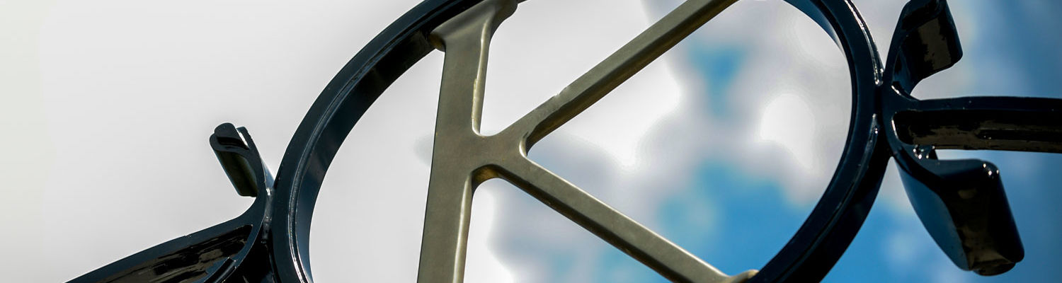 The "K" atop the Prentice Gate on front campus. the gate was donated in honor of May Prentice, the first female professor at Kent State. Her home, which is very near the gate, is now the home of the Wick Poetry Program.