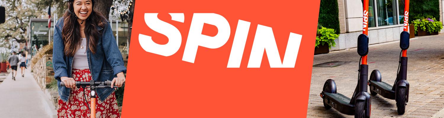 spin logo and image of scooters and 2 people on scooters
