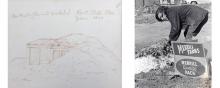 Left image is a sketch for Robert Smithson's Partially Buried Woodshed and right image is a photo of one of the students who helped with the project.