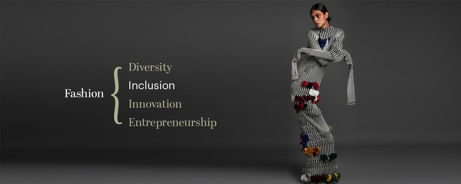 A hero photo of a model in a grey dress with the words "Fashion, Diversity, Inclusion, Innovation, Entrepreneurship."