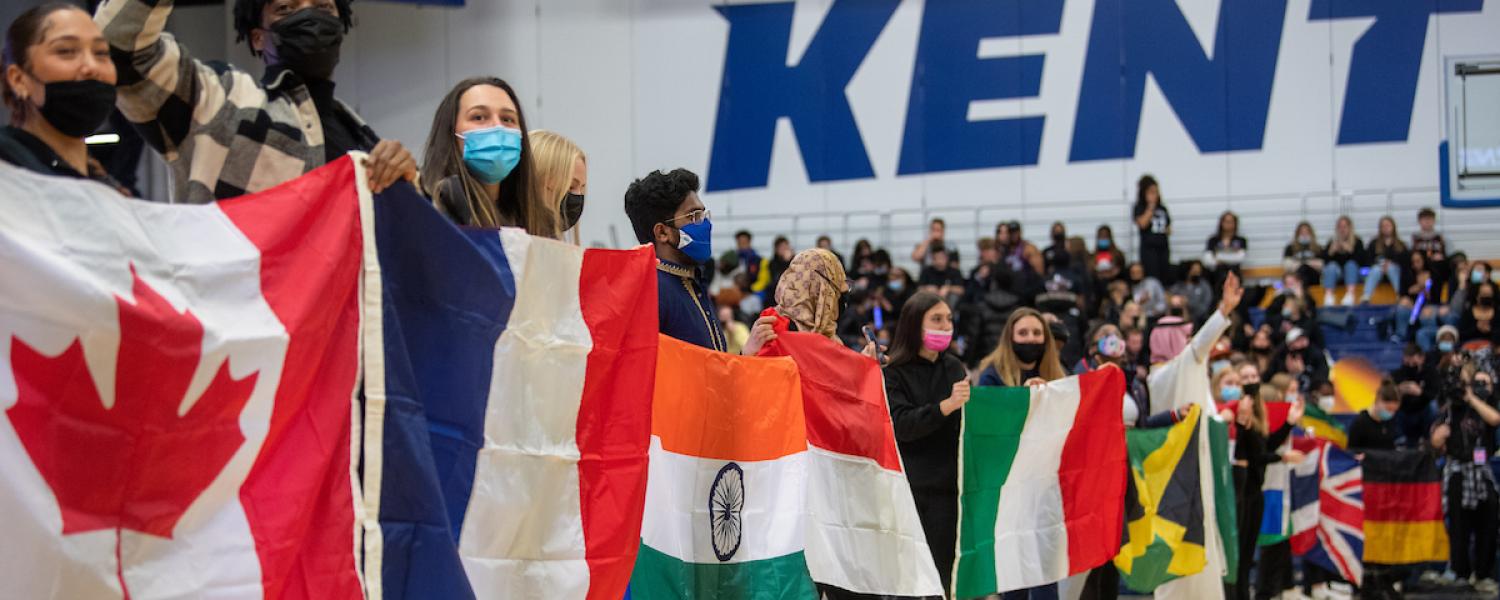 Kent State University celebrates its international students during halftime of the Feb. 18 men’s basketball game at the Memorial Athletic and Convocation Center.
