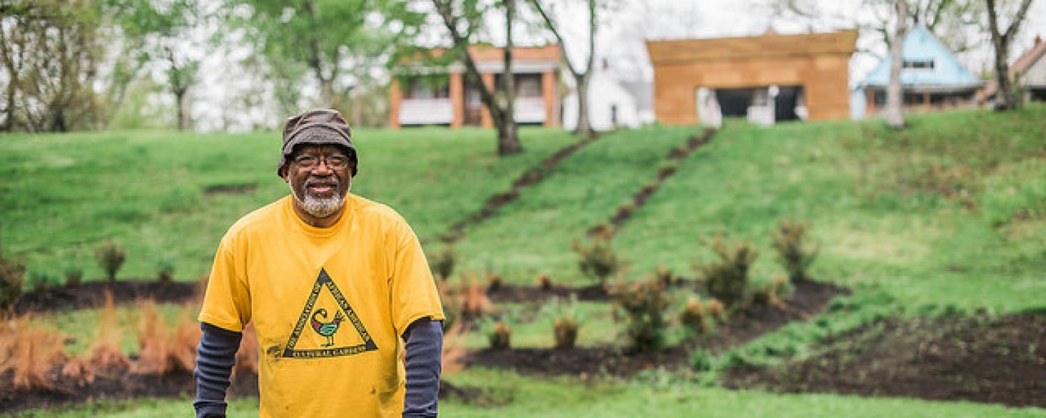 Carl Ewing photographed at African American Cultural Garden during Alumni Day of Service