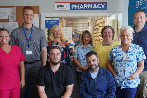 Group photo of the Integrated (Genoa/pharmacy; AxessPointe/Primary Care; Portage Path Behavioral Health/Community Mental health center) and Interprofessional Team (Psych-Mental health NPs; Family Medicine MD; Pharmacist and Pharmacy Techs)