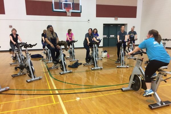 employees spinning at rec and play day 2018