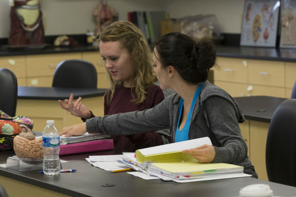 Two students studying in a lab room at the Salem campus