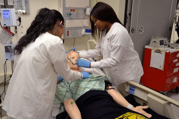 Two nursing students learning by interacting with a simulation mannequin 