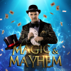 picture of magician Darren "Dizzy" Partridge in suit and hat with words Magic & Mayhem and picture of black top hat